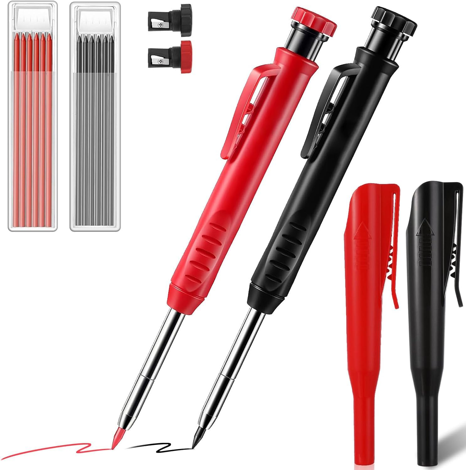 2 Pack Carpenter Pencil Mechanical Pencil Set Built-in Sharpener Carpentry Automatic Pencils with 12 Refills Deep Hole Marker for Architect Carpenter Woodworking Construction Red and Black - With Case