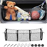 Hanemia 3-Pocket Car Trunk Cargo Net with Carabiners | nylon stretchable mesh storage bag, holds loose items securely, fits in vehicle storage areas, car interior accessory