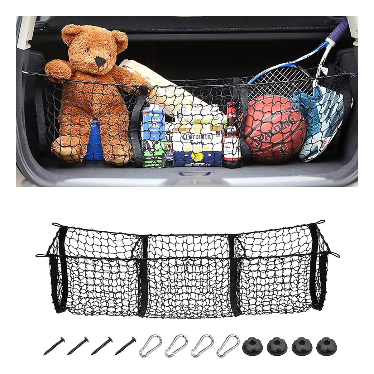 Photo 1 of Cargo Net for Car, Expandable 3 Pocket Heavy-Duty Cargo Net Organizer, Black Mesh Storage Pocket with 4 Metal Carabiners Universal for Car, SUV, Pickup Truck, Van Trunk Bed