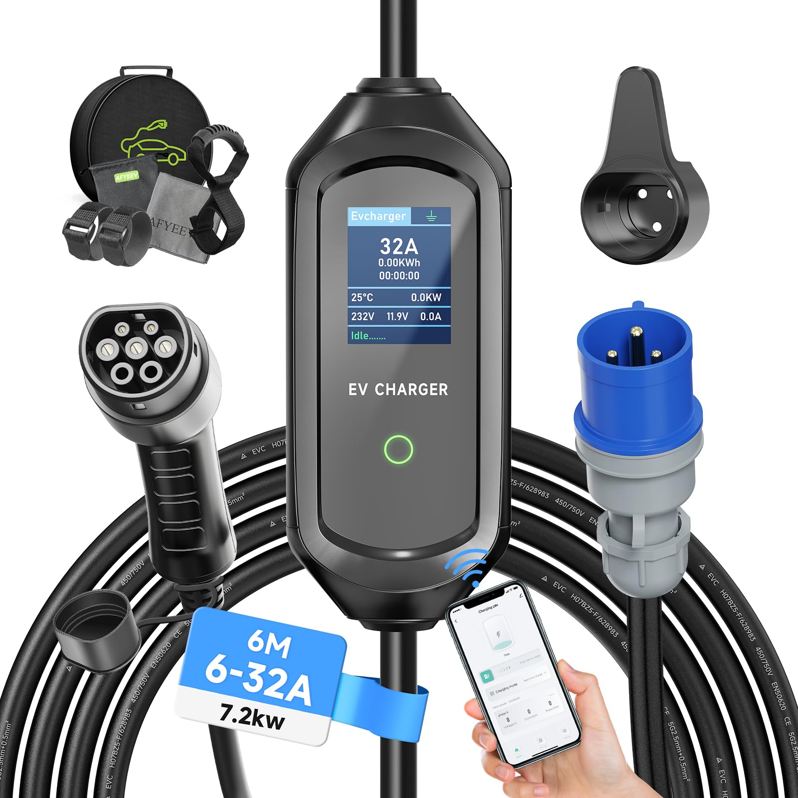 Photo 1 of AFYEEV 7.2kW Type 2 Charging Cable, 6/8/10/13/16/20/24/32A Adjustable Current, Charging Cable Electric car Type 2, EV Charger with Bag, 6M