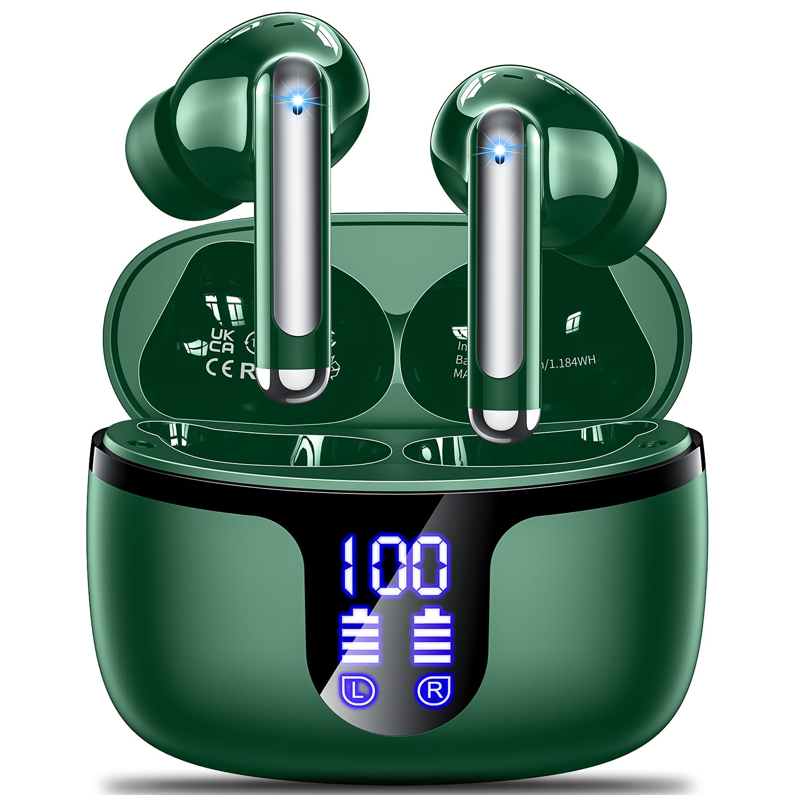 Wireless Earbuds Bluetooth 5.4 Headphones HiFi Stereo 42H Playback in Ear with 4 ENC Noise Cancelling Mic, IPX7 waterproof and LED battery display screen for Running Fitness Office Ear Buds in Green Image