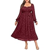 Women's Plus Size Fall Dress - Wedding Guest Long Sleeve Midi Semi Formal Square Neck Flowy Dresses