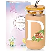 SENTVEND Initial Glass Cup with Lid and Straw Color-changing Monogrammed Gifts for Women 16 oz Iced Coffee Drinking Glass Tumbler Personalized Christmas Thanksgiving Birthday Gifts for Women Her Mom