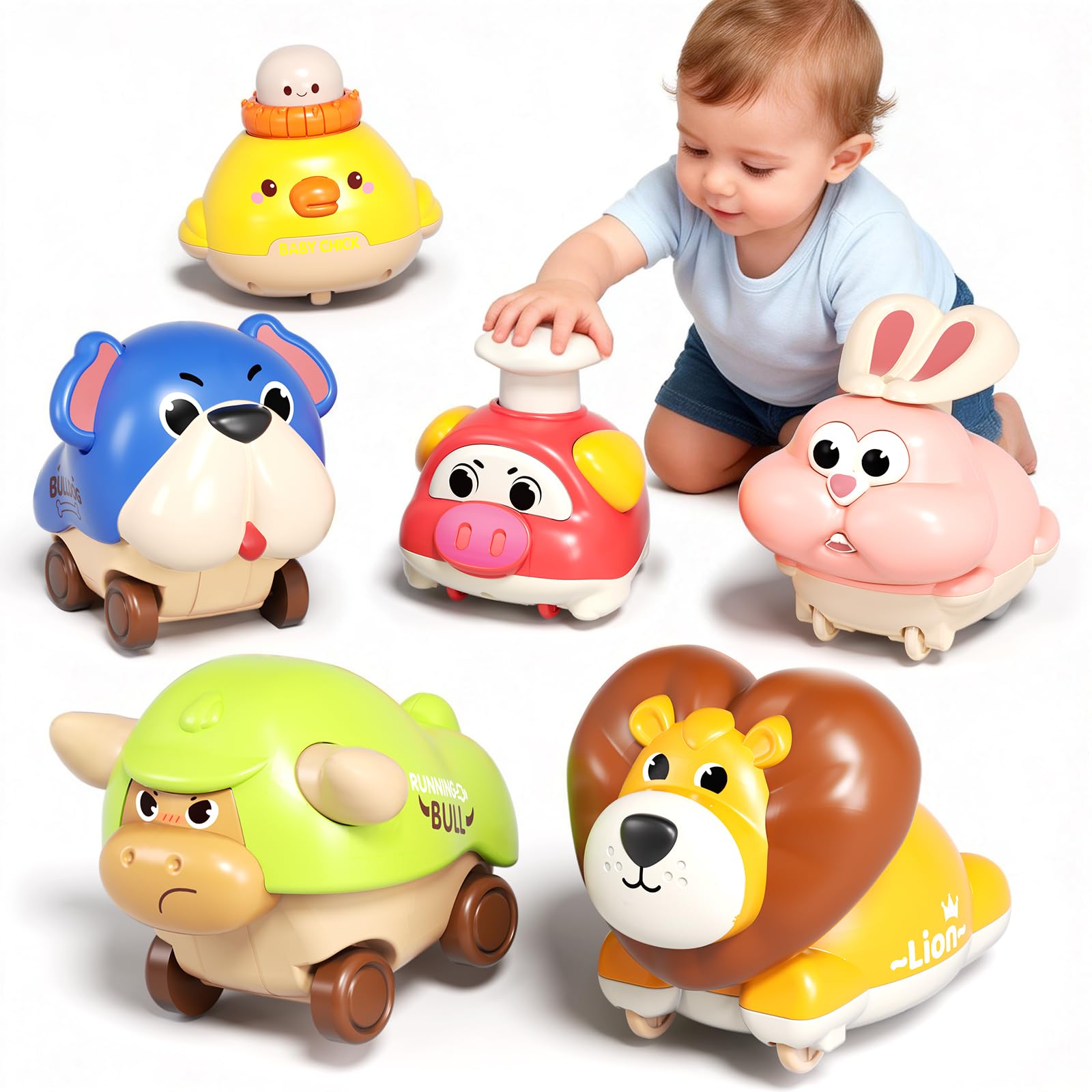 STACTCUTE 6pcs Press and Go Animal Toy Cars for Toddlers 1-3, Baby Push Go Battery-Free Long-Distance Friction Powered Vehicles for 6-12-18 Months, 1st Birthday Gifts Easter Basket Stuffers