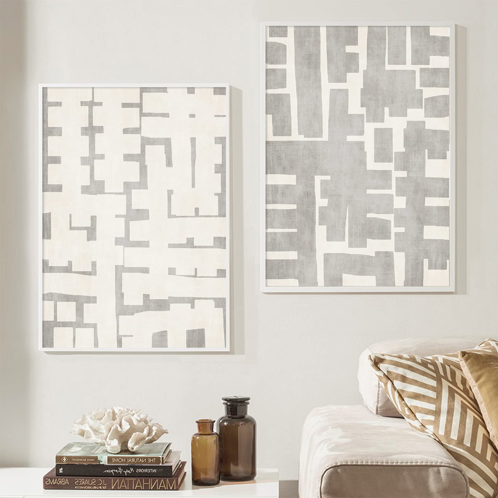 Photo 1 of *** NO FRAME *** Beige And Grey Abstract Wall Art Mid Century Prints Grey Modern Boho Picture Modern Shapes Artwork Boho Wall Canvas Beige Painting Abstract Shapes Illustrations Poster 16x24inchx2 No Frame