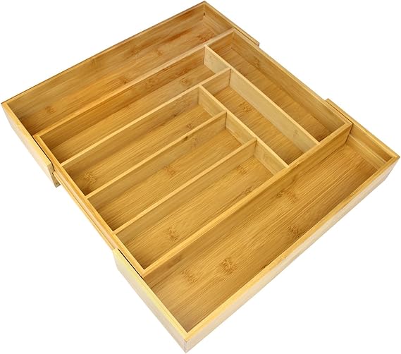 Maison & White Bandeja de cajones de bambú extensible para cubiertos | 6-8 compartimientos ajustables | Resistente al agua | Organizador de madera