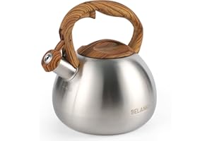 BELANKO 2.7 Quart Tea Kettle for Stovetops - Food Grade Stainless Steel Teapot with Loud Whistle, Cool-Touch Wood Pattern Handle, Rust-Resistant Whistling Kettle - Classic Silver