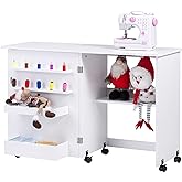 Vividwood Folding Sewing Table, Multipurpose Sewing Machine Table with Compact Design, Wheels, Shelves, Bins, Pegs, Magnetic Locks (White)