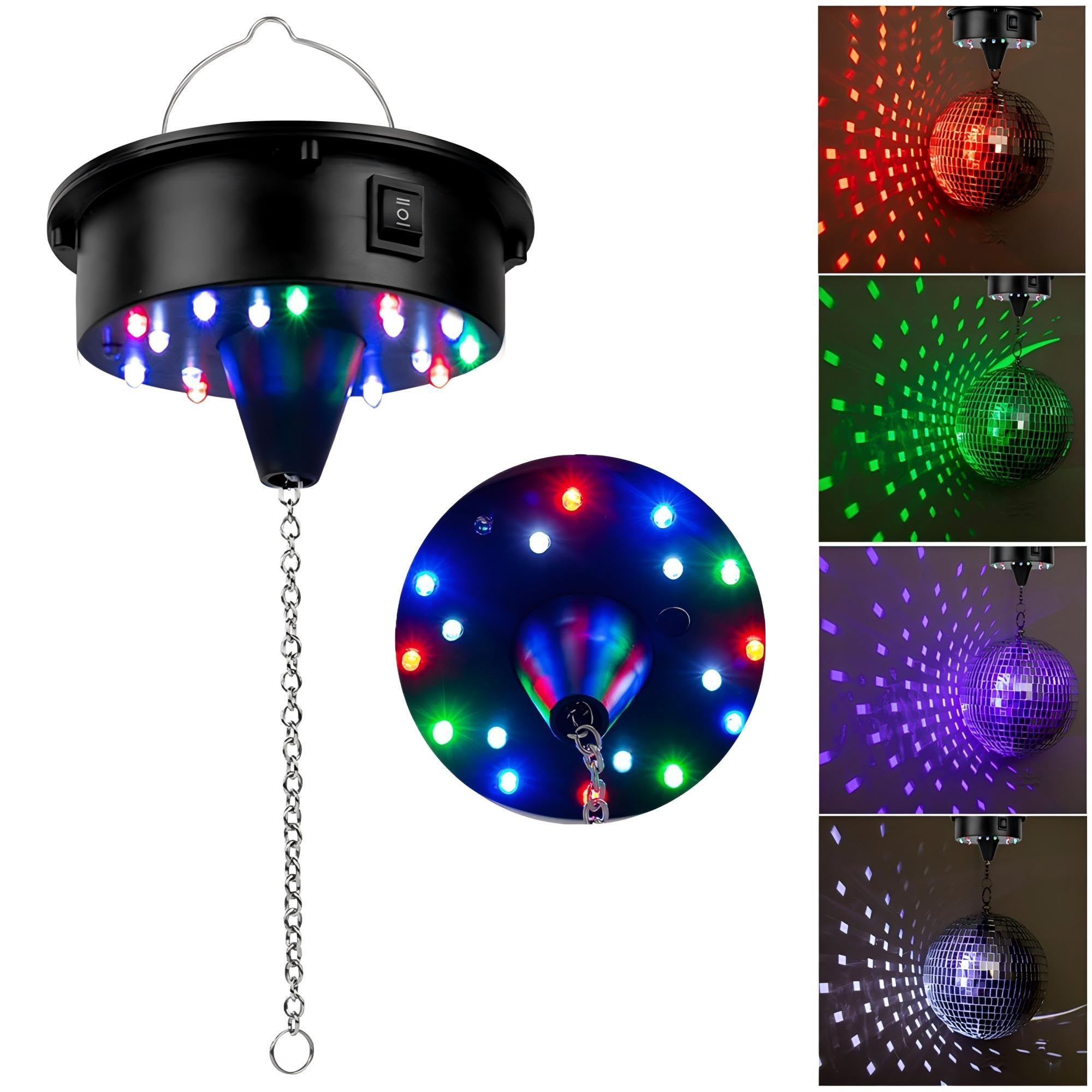 Rotating Mirror Disco Ball Motor: 6 RPM Light Up Disco Ball Spinner Hanging Mirror Ball Motor with 18 RGBW Led Light for 4 6 8 12" Disco Balls, Parties,Home Decor, Weddings, Nightclubs, KTV