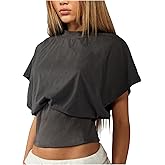 SHENHE Women's Cap Sleeve Dolman T Shirt Crew Neck Cinched Waist Loose Summer Crop Top