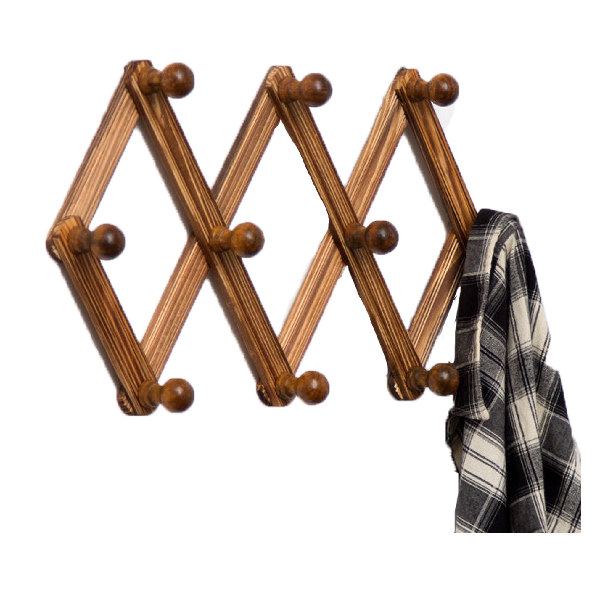 YUEMING Accordion Wall Hanger, 10 Hooks Coat Rack Holder, Expandable Coat Rack Wall Mounted, Solid Wooden Wall Hat Rack for Hang Key Bag Umbrella Necktie Purse