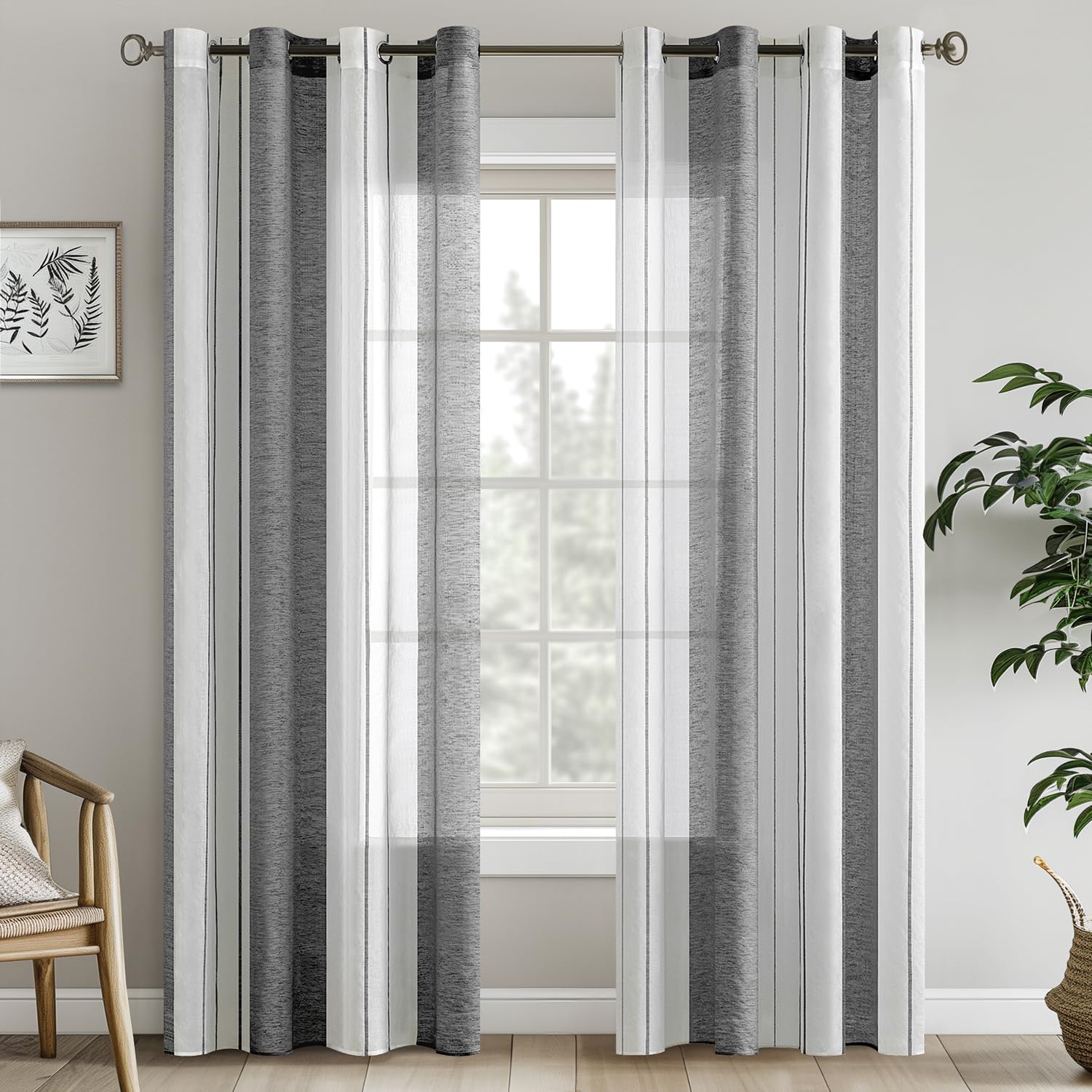 EMEMA Striped Curtains Transparent with Eyelets Voile Curtains Living Room Modern Set of 2 Curtains Bedroom Transparent with Pattern Semi-Transparent Curtain Stripes 140 x 245 cm White and Grey