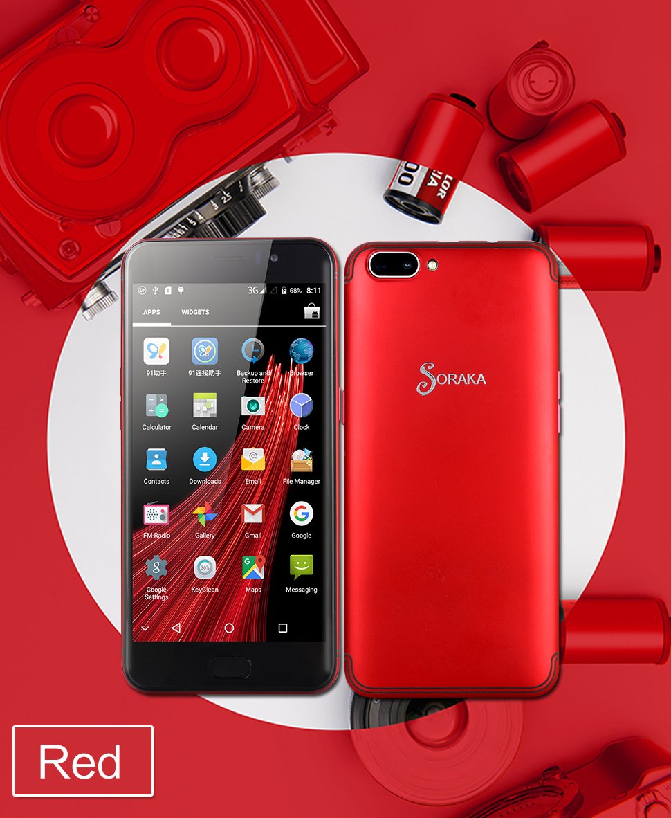SORAKA Unlocked Smartphone 5.5 Zoll Android 5.1 Speicherkarte 64G ROM 16GB + RAM 1GB MTK6580A HD Bildschirm (720/1280) (Rot)