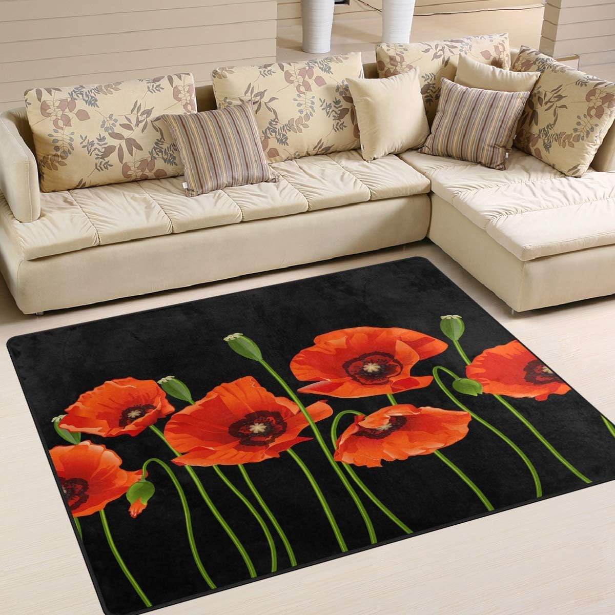 AGONA Alfombra de flor de amapola roja en área negra Alfombras suaves