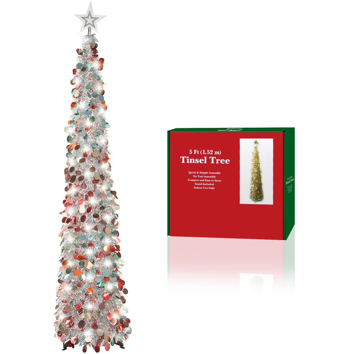 Photo 1 of 5FT Pop Up Christmas Tinsel Tree with 2 Modes 50 LED Lights and Colorful Sequins Ornaments, Easy-Assemble and Store for Xmas Home Holiday Fireplace Party Decorations