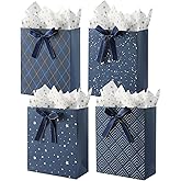 KomoLeay 4 Pack 13" Large Size Gift Bags Assorted Premium Blue Gift Bags with Tissue Paper Use for Birthdays, Baby Shower,weddings,Party Favor, Holiday Presents-10" X 5" X 13"