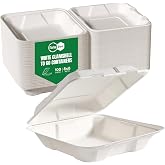 Turbo Bee 100 Pack 8x8inch White Compostable Take Out Containers with Lids, Disposable Clamshell Food Containers, Large To Go Boxes for Restaurant, Catering, Meal Prep &amp; Food Service-White