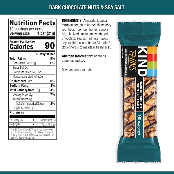 KIND THINS SNACK BARS, DARK CHOCOLATE NUTS & SEA SALT, GLUTEN FREE, LOW CALORIE, HEALTHY SNACKS, 4G SUGAR, 10 COUNT
