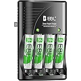 EBL Universal Charger for Rechargeable Batteries - Includes 4 AAA 1100mAh Pre-Charged Batteries, Compatible with AA, AAA, 9V 