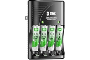 EBL Rechargeable AAA Batteries 4 Packs, Battery Charger with Foldable AC Power Plug for AA AAA 9V Ni-MH Ni-CD Rechargeable Batteries