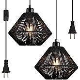 YongMing CL 2 Pack Woven Plug in Pendant Light Fixture Black, 9.65’’ Rustic Farmhouse Pendant Hanging Light with Plug in Cord