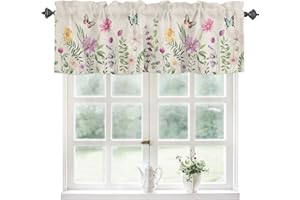 YOKOU Kitchen Curtain Valance, Flower Leaves Spring Watercolor Floral Vintage Botanical Short Rod Pocket Window Curtain for Bedroom, Bathroom, 1 Panel, 54" W x 18" L