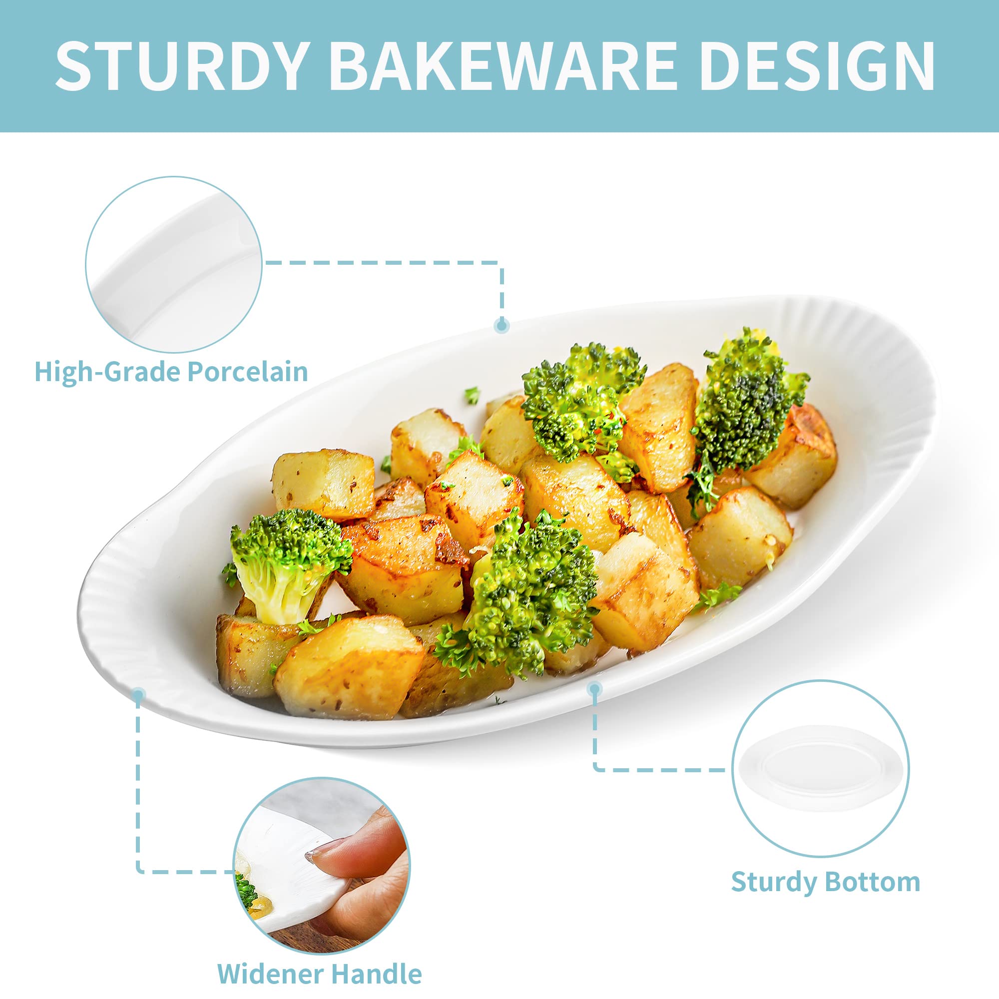 NJCharms Oval Au Gratin Baking Dishes for Oven Safe and Microwave Cooking, White Porcelain Small Mini Casserole Dish, 9 Inch, Set of 6