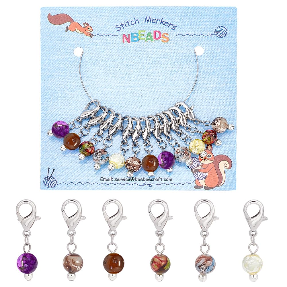 NBEADS 12 Pcs Glass Bead Stitch Markers, Imitation Snowflake Obsidian Bead Crochet Stitch Marker Charms Removable Lobster Clasp Locking Stitch Marker for Knitting Weaving Sewing Accessories