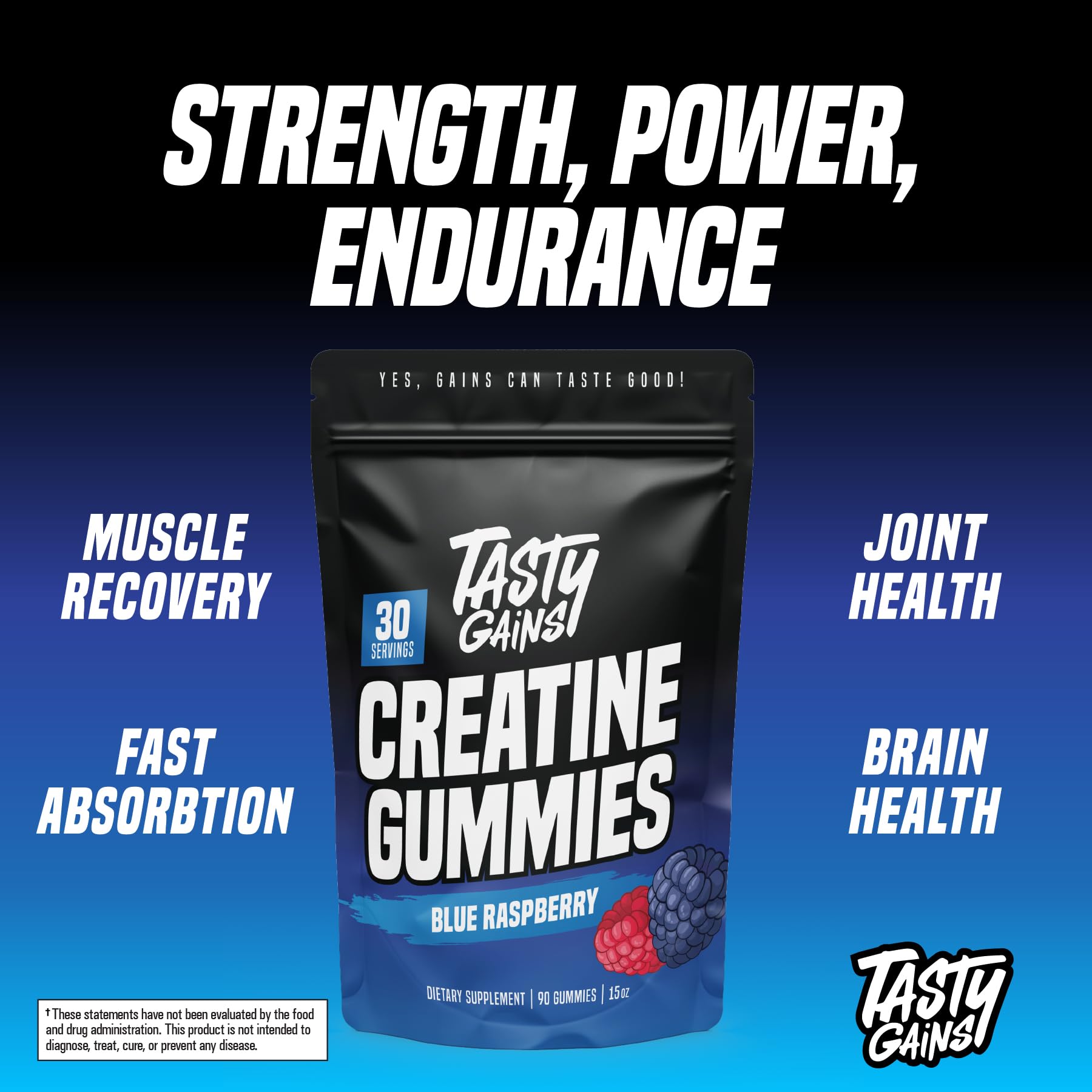 TASTY GAINS Creatine Gummies - 90g of Creatine Monohydrate - Workout Supplements - Build Muscle & Boost Strength for Men & Women - Made in USA - Non GMO - Vegan Friendly (Large, Blue Raspberry)