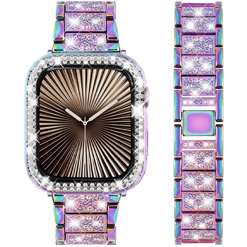 DEALELE Bands and Case Compatible with Apple Watch Series 6/5 / 4 / SE (44mm), Bling S-Texture Diamond Metal Strap with Protective Case Cover Replacement for iWatch 44mm Women Men (Rainbow)