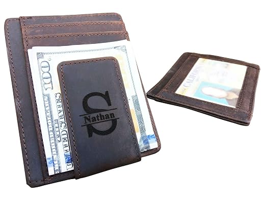 Personalized Leather Magnetic Money Clip For Men Monogrammed Rustic Id Card Walle!   t Custom Slim Minimalist Wallet Credit Card Case Holder - 