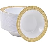 JOLLY CHEF 50 Pack Plastic Bowls with Gold Rim, 12 oz Disposable Soup Bowls, Heavy Duty Plastic Dinner Bowl for Weddings, Party, Dinners, Catering, Christmas and Everyday Use