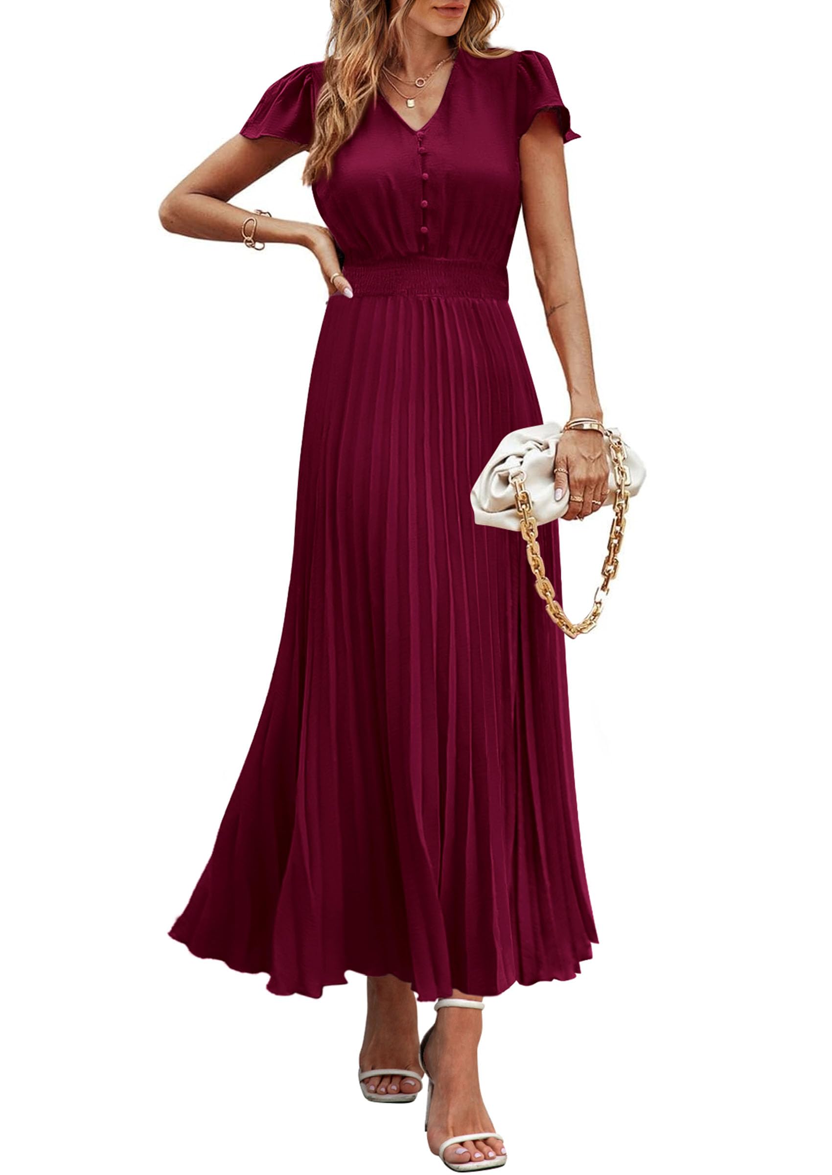 Photo 1 of PRETTYGARDEN Women's Summer Maxi Dresses 2025 Trendy Casual Button V Neck Ruffle Cap Sleeve Long Flowy Pleated Dress (Dark Wine Red,Large)