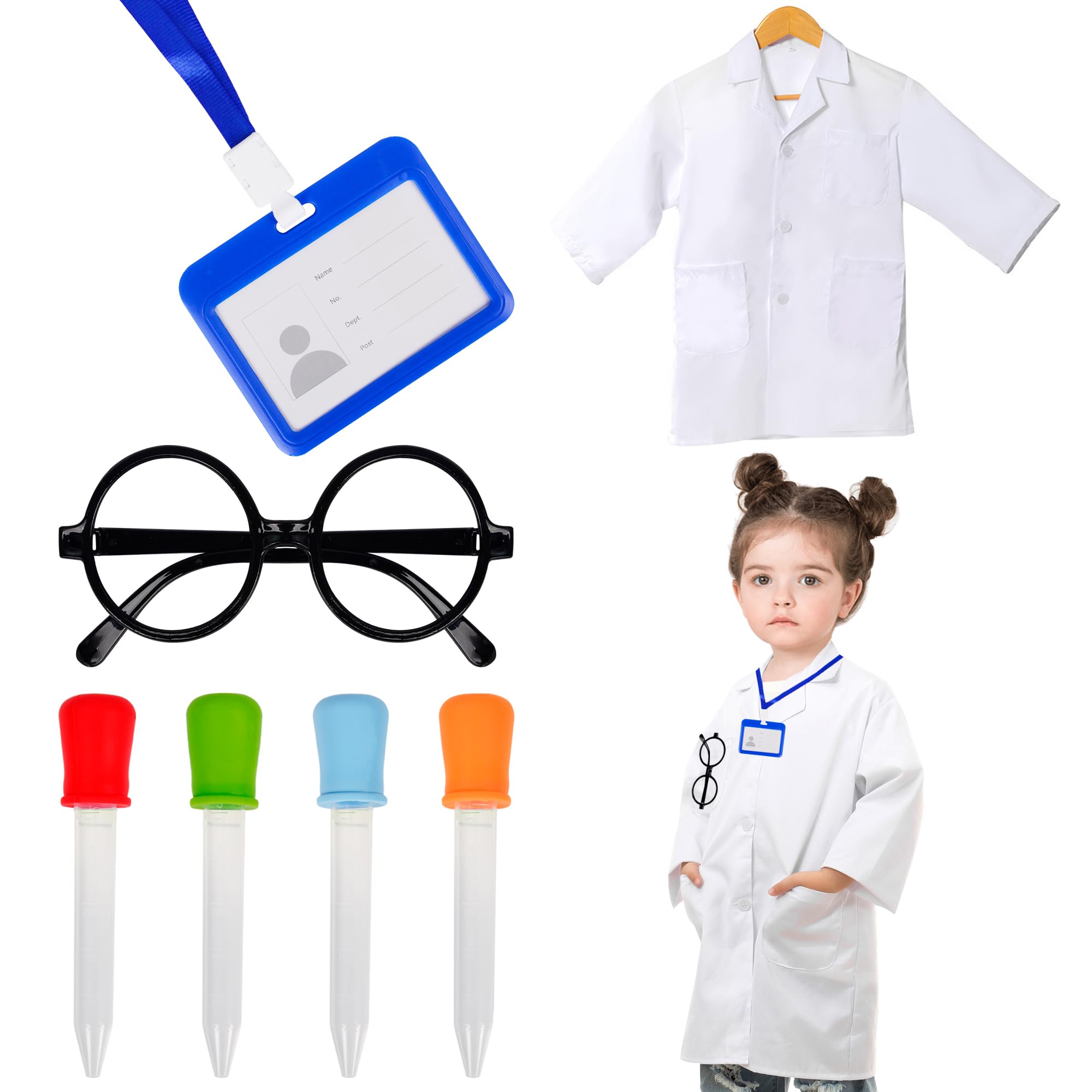 KEYIDO 7Pcs Scientist Costume Kids Lab Coat Mad Science Doctor Costume Kid Set with Work Card Glasses and Droppers Science Day Dress Up for Children Age 6-12 140-150CM