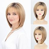 RENERSHOW Blonde Highlight Short Pixie Bob Wig with Bangs Straight Ombre Blonde Synthetic Wig with Dark Roots Layered Blonde Wigs for Women Medium Bob Daily Party Wig