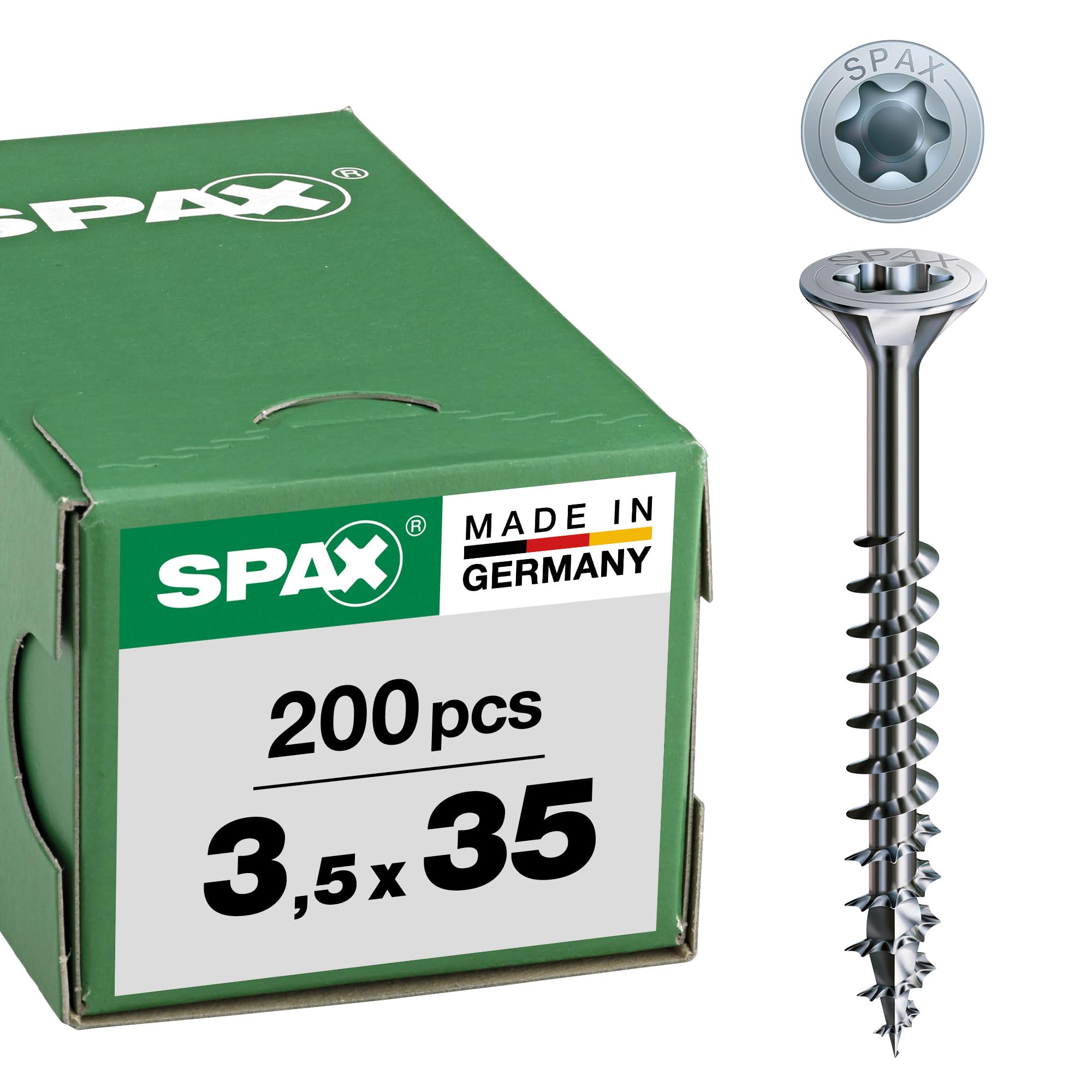 SPAX Universalschraube, 3,5 x 35 mm, 200 Stück, T-STAR plus, Senkkopf, Teilgewinde, 4CUT, WIROX A3J, blank verzinkt, 0191010350353