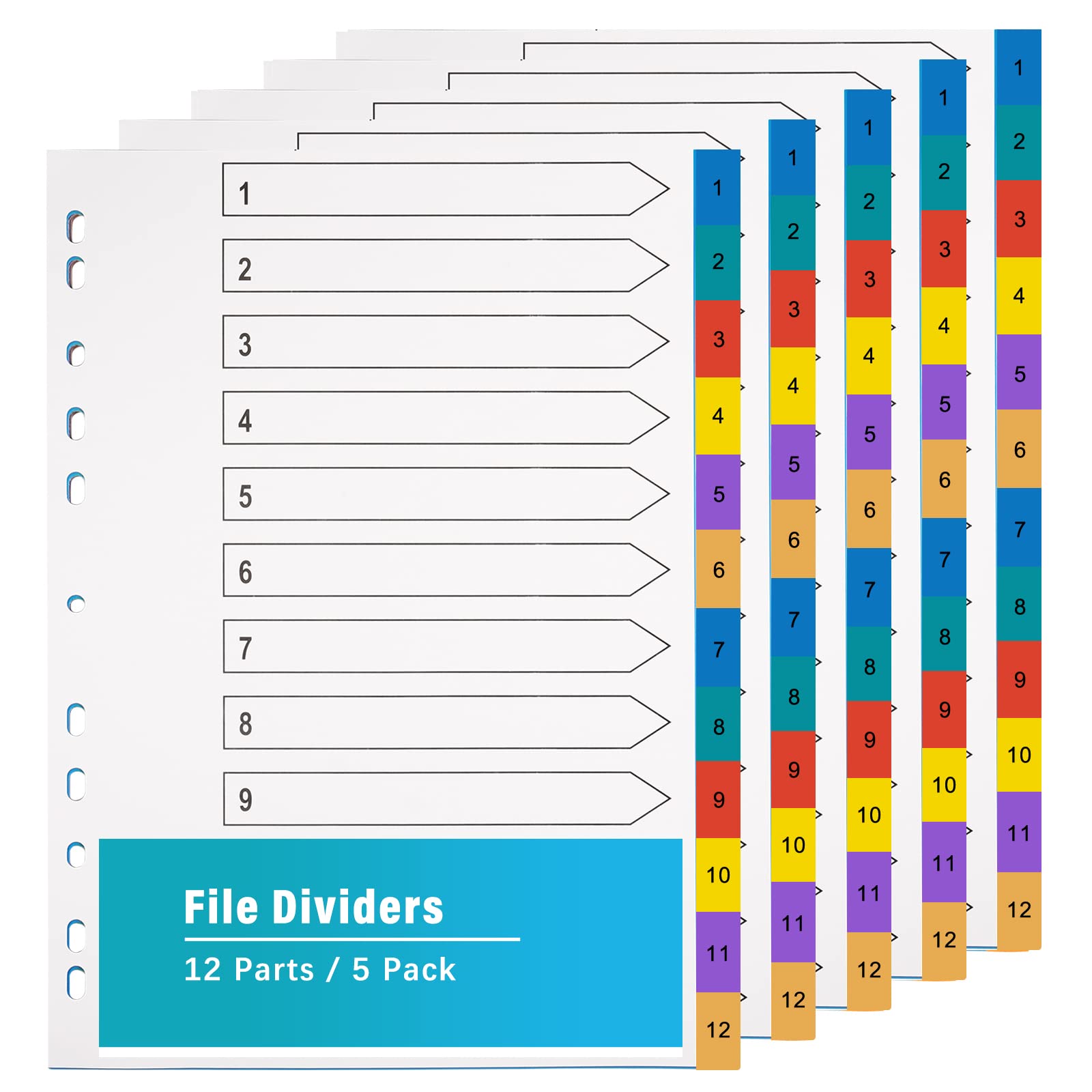 A4 Wide Colour Tabs 【5 Pack】 File Dividers Coloured Mylar Multi Colours 1-12 Multipurpose Porous Index Dividers — image 1