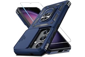 Janmitta Compatible with Samsung Galaxy S25/S24 Case Built in Slide Camera Lens Cover+Screen Protector+Finger Ring Holder Kickstand,Heavy Duty Shockproof Full Body Protective Phone Cover,Blue