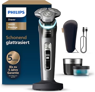 Rasierer i9000 Prestige, Nass- und Trockenrasierer für Herren mit integriertem Trimmer, dunkelgrau, Drucksensor, Reinigungsstation, Ladestation und Reiseetui (Modell XP9202/30)