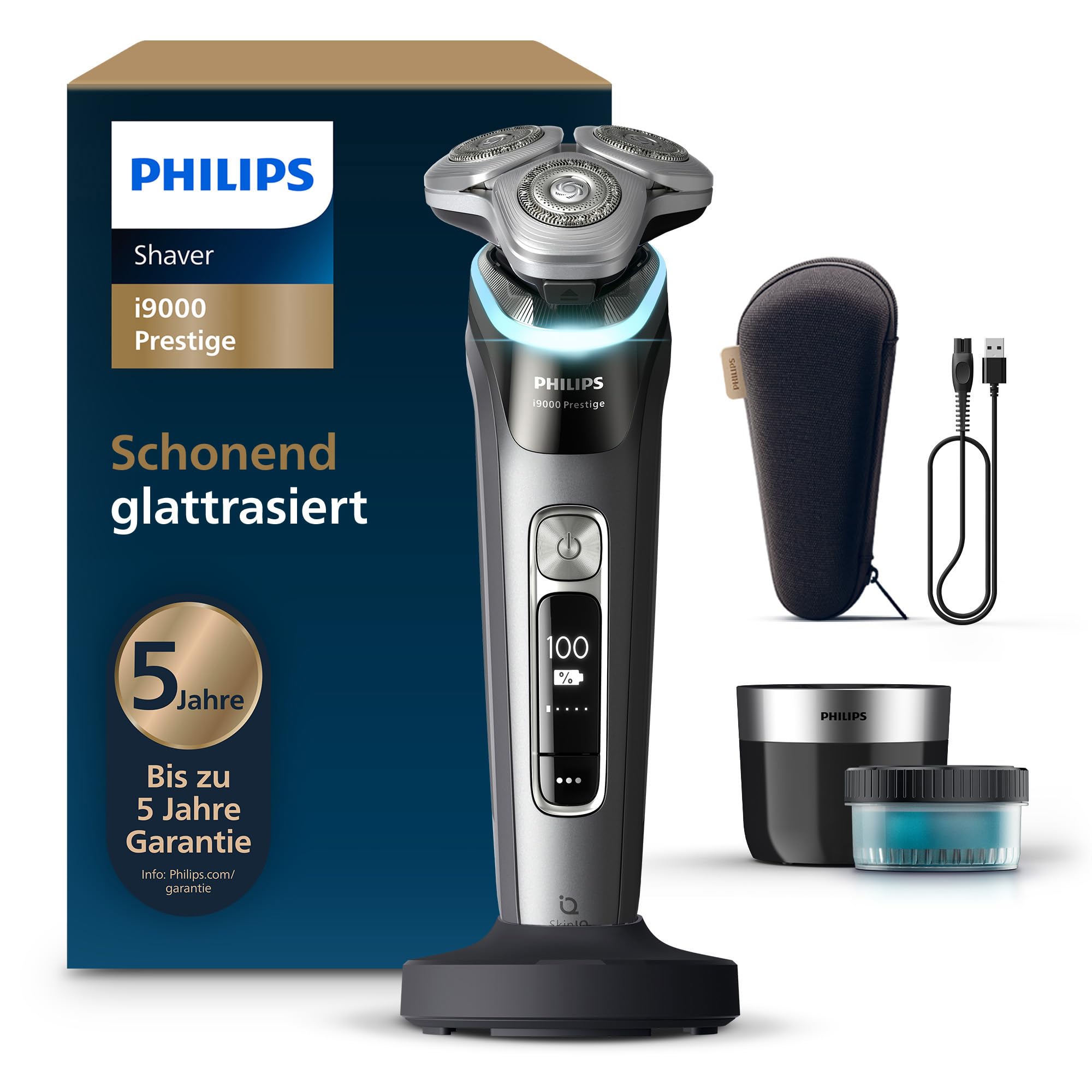 Philips Rasierer i9000 Prestige, Nass- und Trockenrasierer für Männer mit integriertem Trimmer, dunkelgrau, Drucksensor, Reinigungsstation, Ladestation und Reiseetui (Modell XP9202/30)