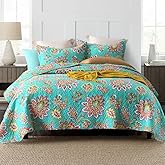 Wistown Cotton Bedspread Bedding Coverlet Quilt Sets, Reversible Vintage Branch Floral Bedspread comforters, (Vintage Turquoise Paisley Floral Pattern, King Size)