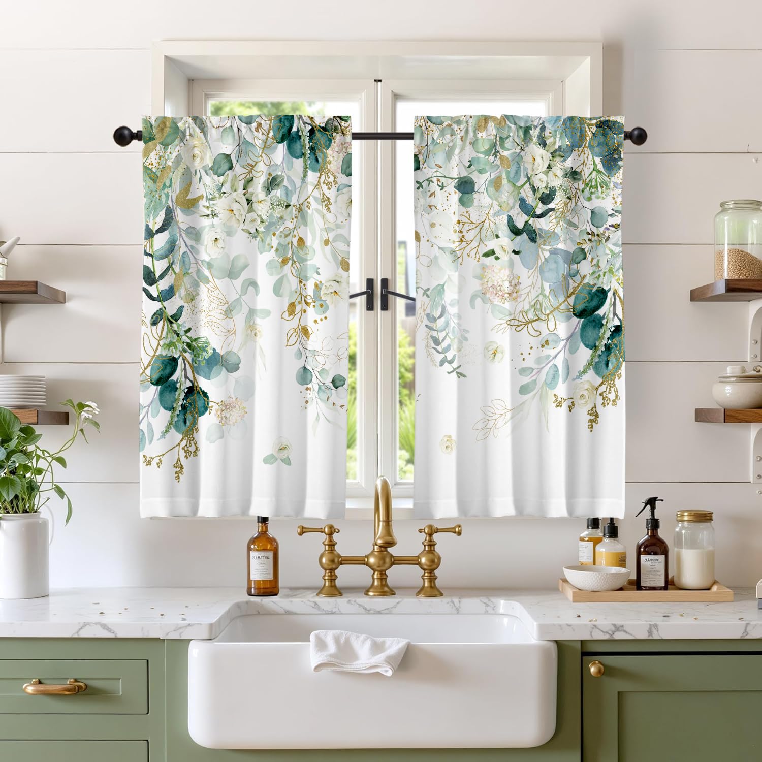 GOLDLAWN Green Eucalyptus Leaves Kitchen Curtains Elegant Wild Flower Curtains 39 Inches Sage Green Cafe Small Drapes White Floral Curtain for Bathroom RV Camper Light Filtering Rod Pocket 2 Panels