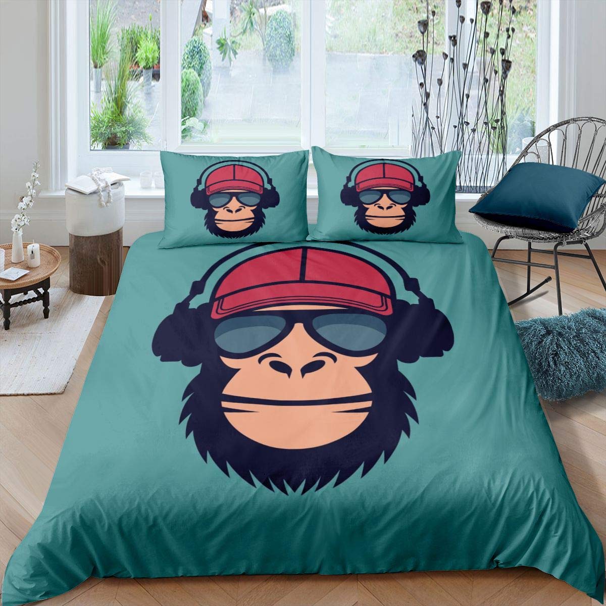 Music Monkey Bedding Set Hip Hop Comforter Cover for Kids Boys Girls Teens Funny Animal Duvet Cover Headset Breathable Bedspread Cover Room Decor Quilt Cover Double Size