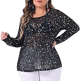 Agnes Orinda Plus Size Women's See Through Mesh Tops Long Sleeve Crew Neck Sexy t Shirts Party Club Outfits Blouses