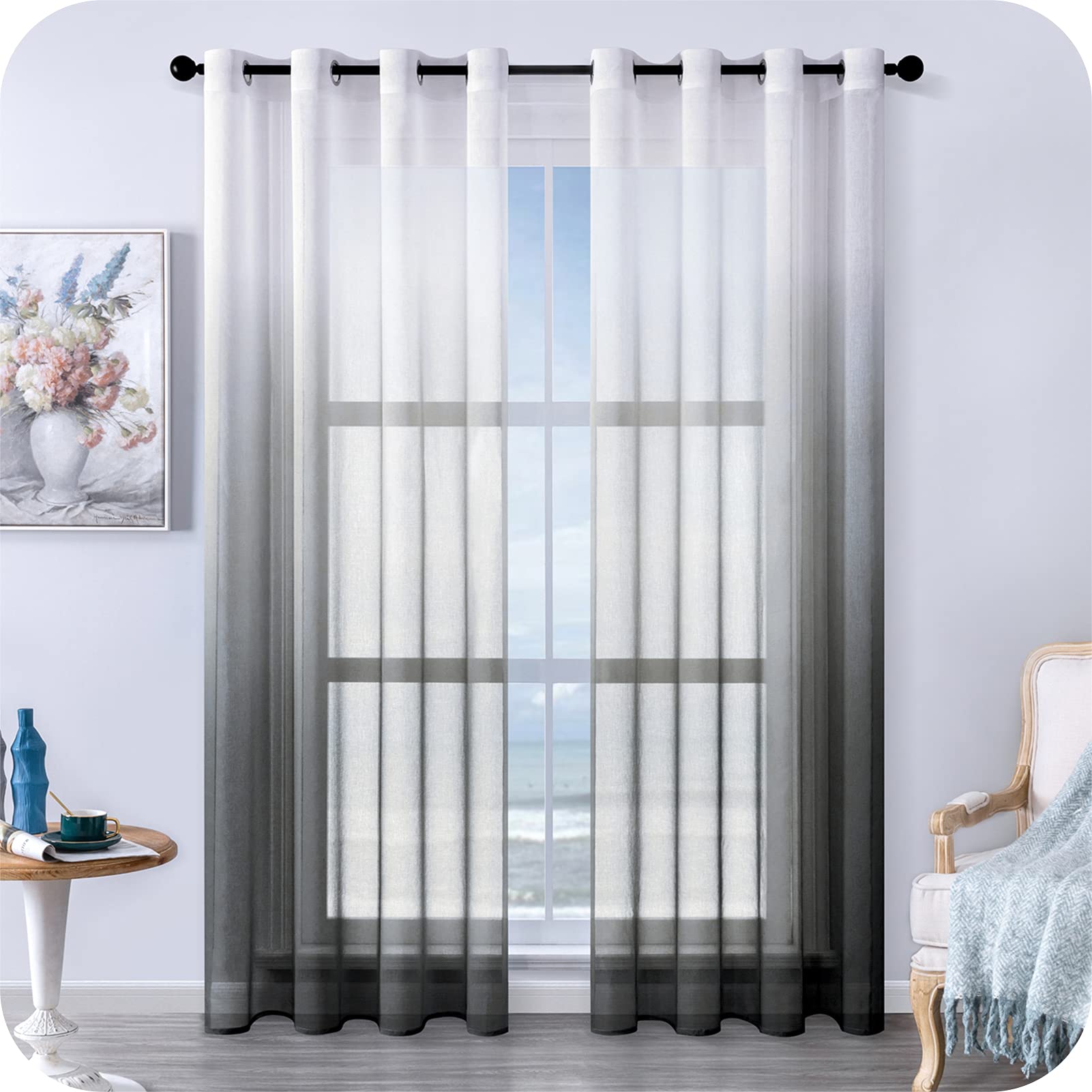 MRTREES Voile Curtains, Colour Gradient, Transparent Curtain, Short Tulle Curtain with Eyelets in Black and White, Gradient, 240 x 140 cm (H x W), Modern for Decoration, Children's Room, Living Room,