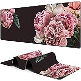 Hanazaoa Large Mouse Pad Pink Peony Extended Gaming Mousepad Waterproof Desk Pad with Non-Slip Base and Stitched Edge Keyboard Pad XL 11.8 x 31.5 Inch Mouse Mat for Home Office Desk Decor