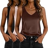 Riyiper 3 Pack Women's Silk Satin Tank Tops, Sleeveless V Neck Cami Summer Casual Camisole Loose Fit Basic Blouses Shirt