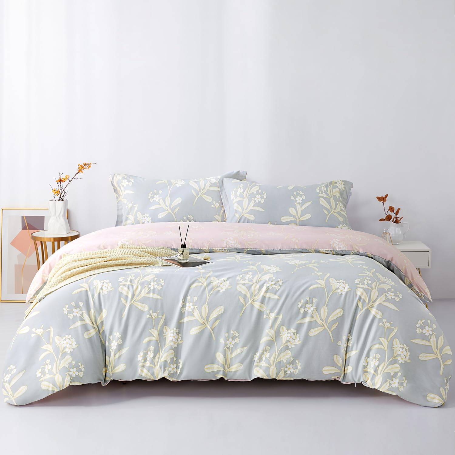 SAPHREAS Home Grey Duvet Cover with Yellow Floral Pattern Printed Comforter Cover Queen Size 3pcs Graden Style Cotton Soft&Breathable 1 Duvet Cover 2 Pillow Shams