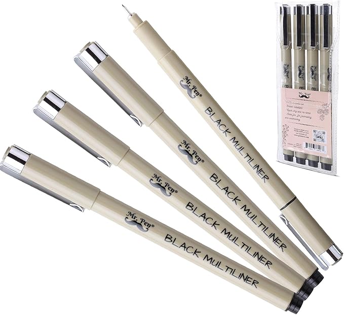Mr. Pen Black Fineliners, Fine Point Pens, 0.25mm, 4 Pack