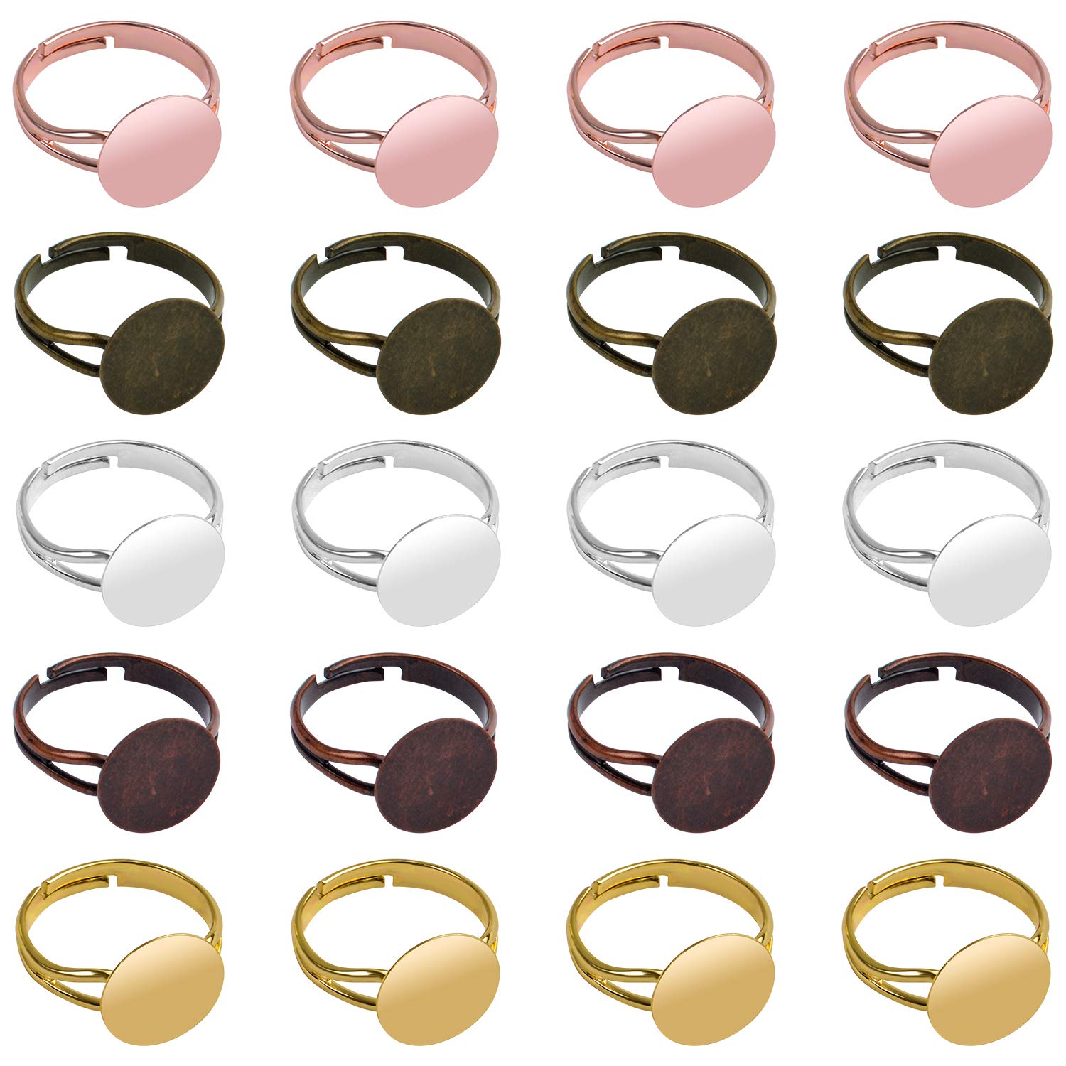 BronaGrand 20pcs Adjustable Ring Base Blank Rings Bezels Flat Round Cabuchon Rings Components for Making Jewelry Crafts